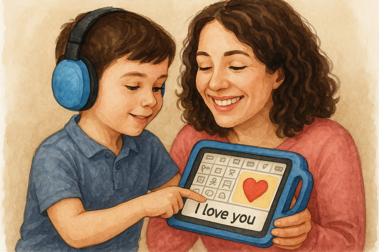 beautiful son telling his mother he loves her on his speech device