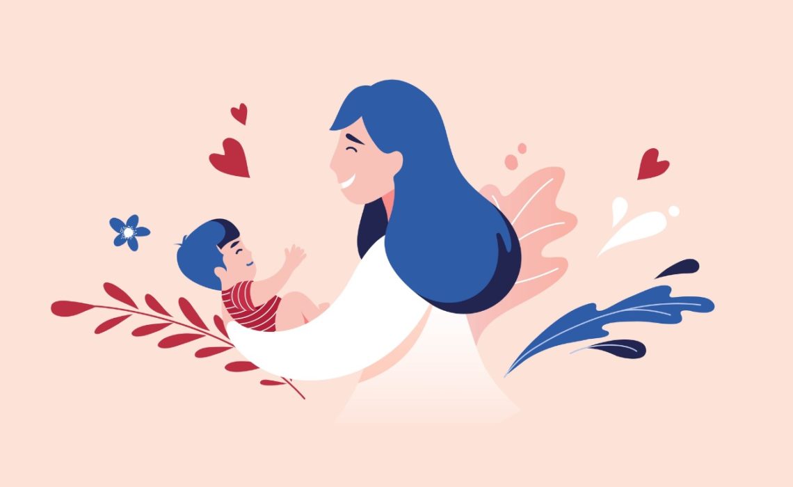 An illustration of a mother with blue hair, embracing her baby son with blue hair in a loving embrace with hearts and nature surrounding them.