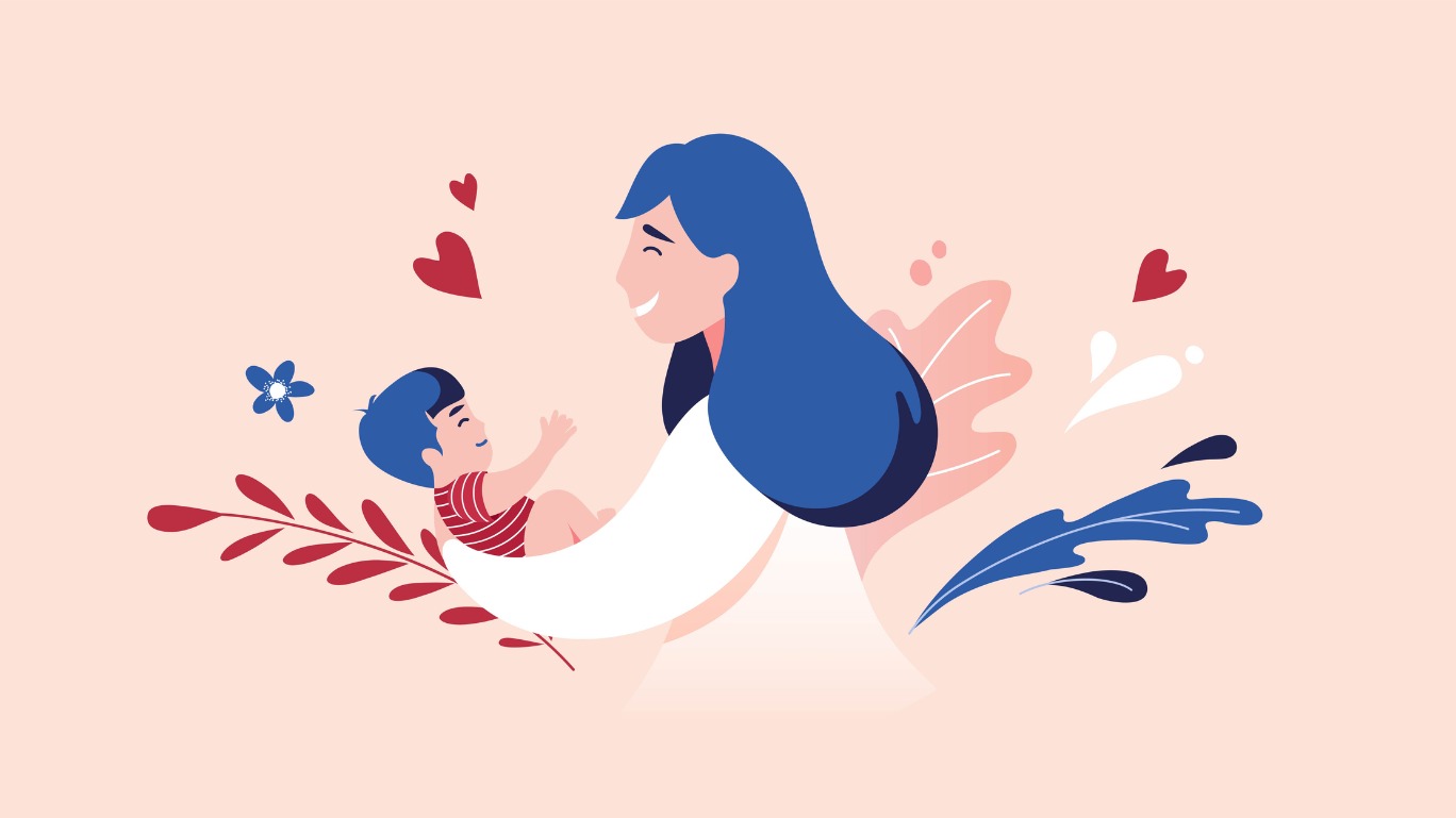An illustration of a mother with blue hair, embracing her baby son with blue hair in a loving embrace with hearts and nature surrounding them.